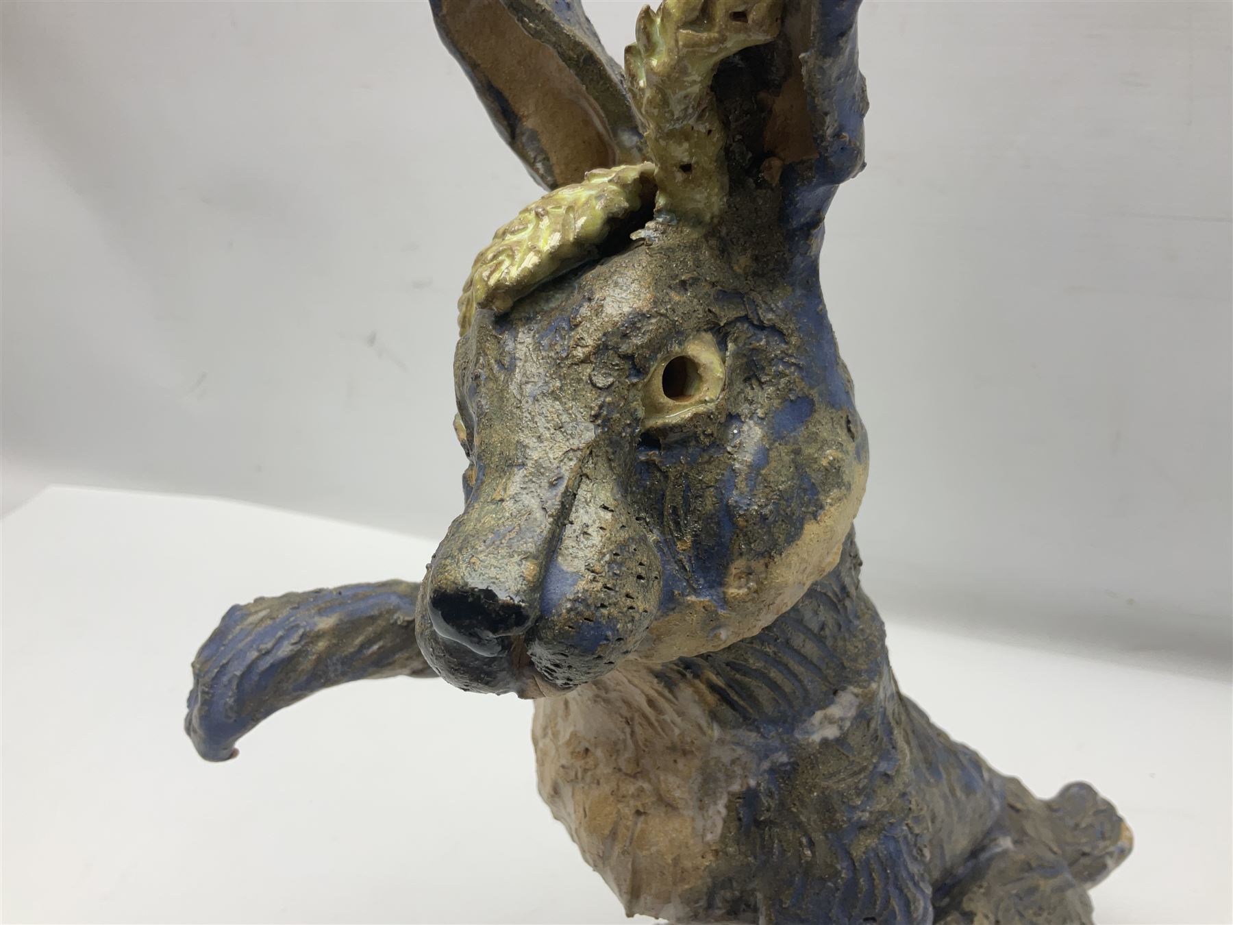 Studio pottery novelty jar and cover modelled as a hare raised upon its back legs, by Chris Attlesey, H38cm 