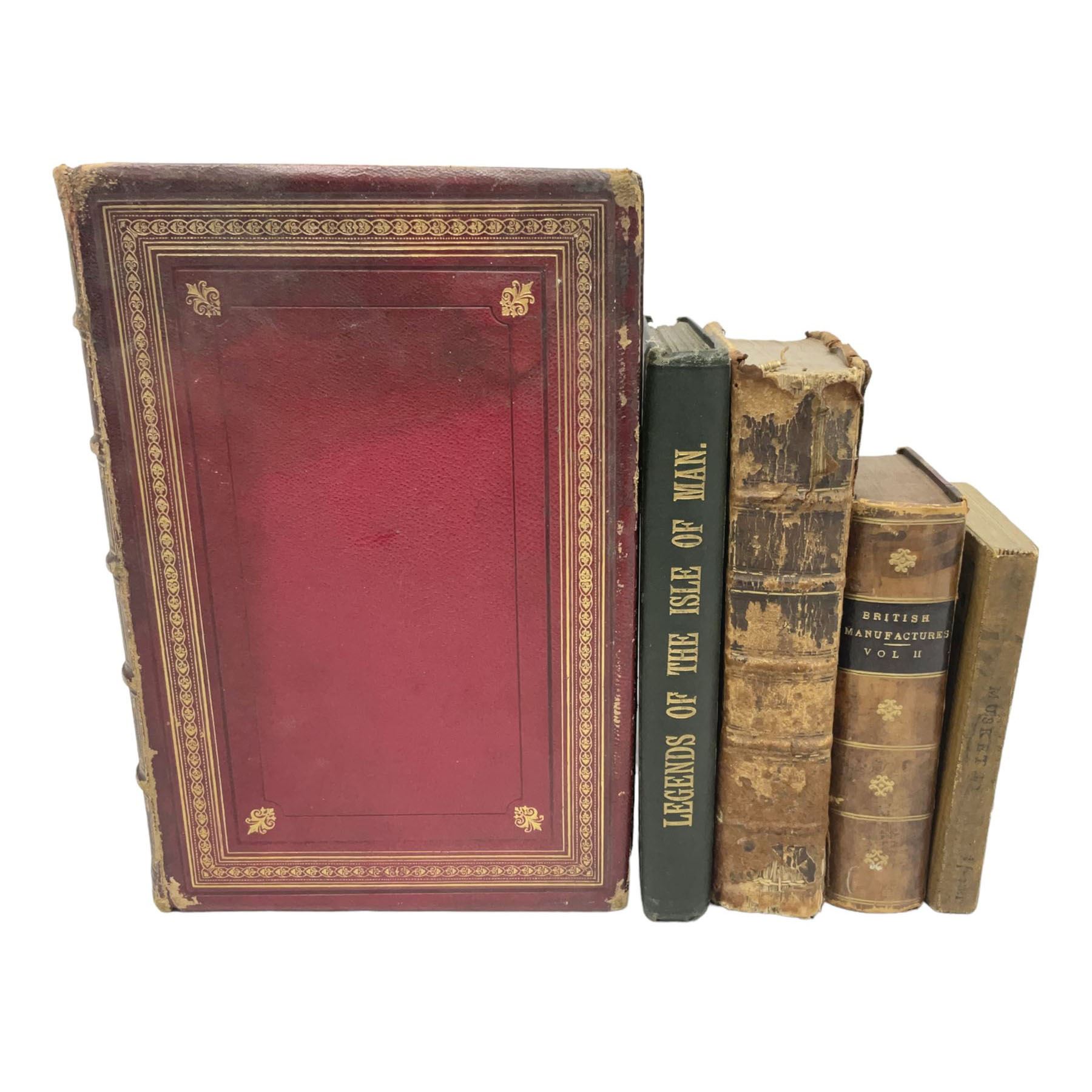 Jules Michelet (French 1798-1874): The Insect, with illustrations by Giacomelli, pub. T. Nelson and Sons, Paternoster Row, Edinburgh and New York, 1875, together with Edward Callow: The Phynodderree and Other Legends of the Isle of Man, with illustrations by W.J. Watson, pub. J. Dean and Son, Fleet Street, E.C, George Dodd: Metals British Manufactures, pub. Charles Knight and Co, Ludgate Street, 1845, WWI Imperial Army Series Musketry, pub. John Murray, Albermarle Street, 1915, Laurence Echard (1670–1730): The Roman History From the Settlement of the Empire by Augustus Caesar, To The Removal of the Imperial Seat by Constantine the Great Containing the Space of 355 years, vol. 2, printed by T.H. for M. Gillyflower, J. Tonson in Fleet Street, H. Bonwick in St. Paul's Church-yard and R. Parker in Cornhill, 1698, bound in leather (5)