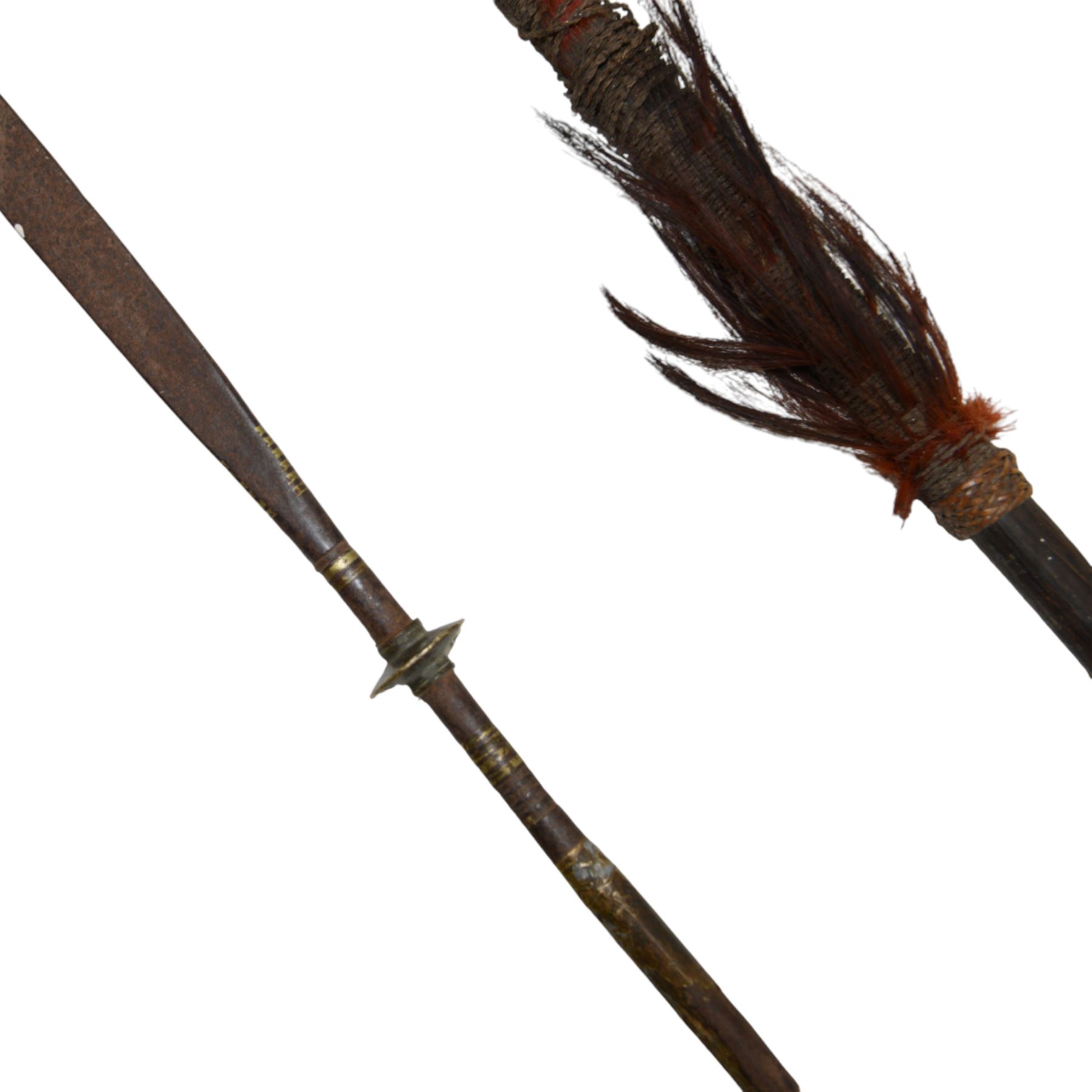 Tuareg tribe steel spear with inlaid brass work and a Northern Indian Naga barbed spear, longest L187cm 