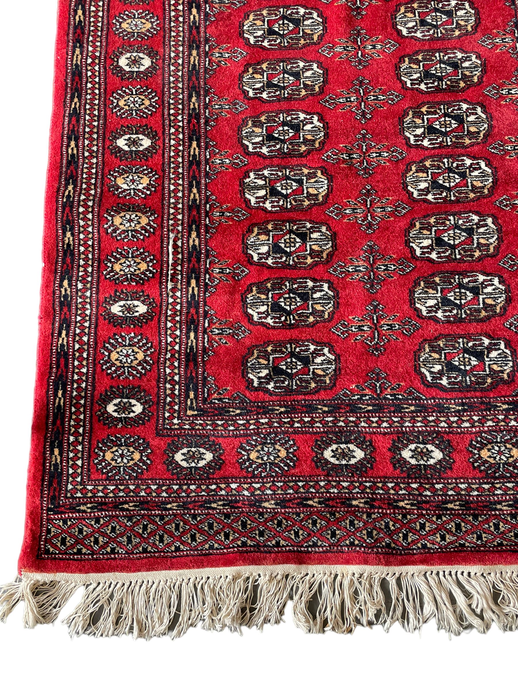 Tekke Bokhara red ground rug, decorated with two rows on Gul motifs, geometric design borders decorated with stylised floral motifs 