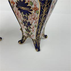 Pair of early 20th century Royal Crown Derby Imari 1128 pattern vases, of tapering straight sided form with waisted neck and frilled rim, upon four splayed feet, with printed and painted marks beneath including illustration date codes for 1911 and 1920, H17cm