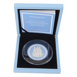 Queen Elizabeth II Tristan da Cunha 2018 Wedgwood Jasperware five pound coin, produced by Wedgwood for the Commonwealth Mint, distributed by the Bradford Exchange, cased and boxed with certificate