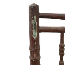 Pair of 19th century lacquered faux bamboo rush seated side chairs chairs, original blue paint under later ox-blood lacquer finish
