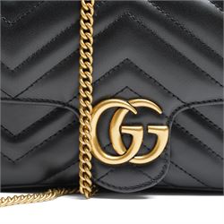 Gucci - GG Marmont mini chain shoulder bag, black matelassé chevron leather, flap front with antique-gold tone Double G hardware, the chain strap additionally fitted with contrasting ivory matelassé leather zip card pouch with Double G hardware, with original dust bag and box
