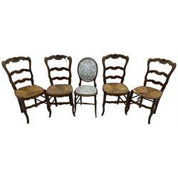 Set of four French hardwood dining chairs, the shaped cresting rail varved with shell, rush seat, on cabriole supports; Victorian beech cameo back chair 