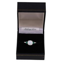 Silver opal and emerald ring, stamped 925, boxed