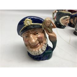 Large collection of Royal Doulton miniature character jugs, to include The Postman D6801, The London 'Bobby' D6762, Old Salt, D6554, Sir Henry Doulton D6703 etc  