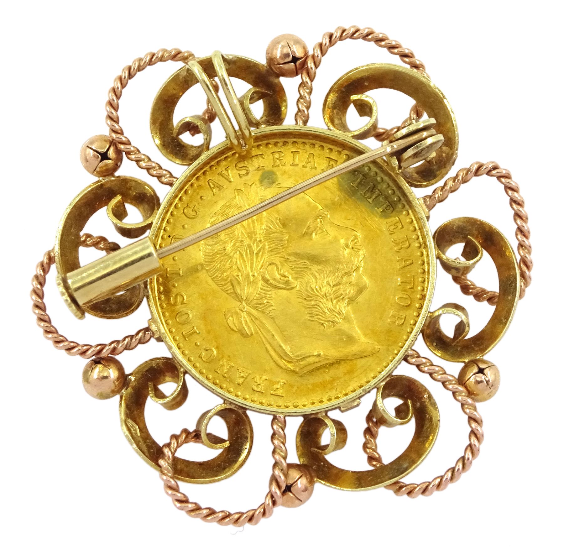 Austria 1915 gold 10 Franc coin, loose mounted in 14ct rose and yellow gold brooch
