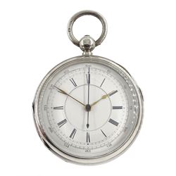 Victorian silver key wound chronograph pocket watch No. 94635, white enamel dial with Roman numerals, outer seconds track numbered 25-300, case by Stewart Dawson & Co, Birmingham 1882