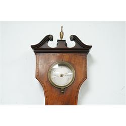Zanetti of Manchester- late 19th century wheel barometer in a mahogany case with a break arch pediment, brass finial and rounded base, with a hydrometer, spirit bubble and boxed spirit thermometer, 12