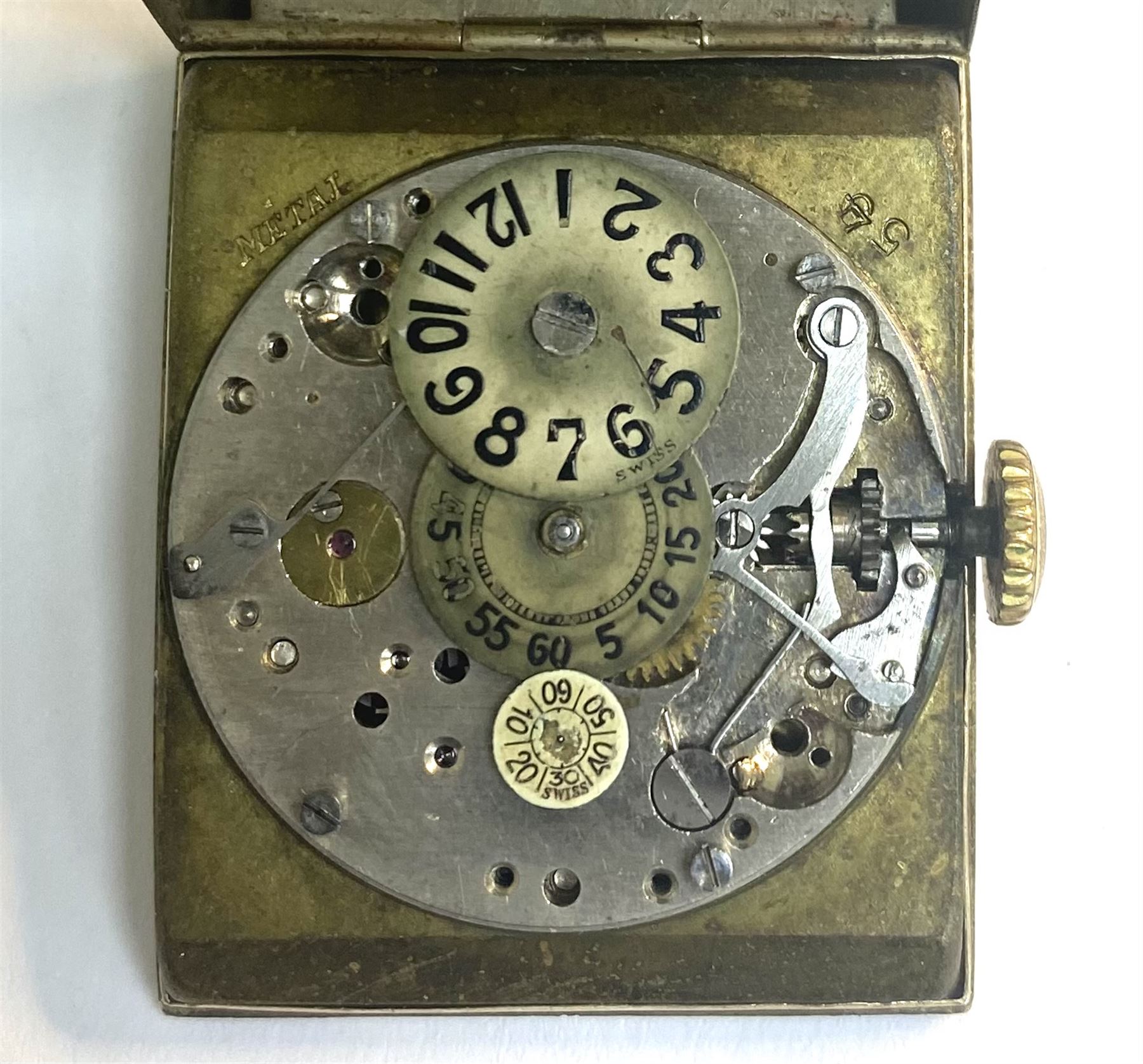 Swiss early 20th century 9ct gold manual wind Jump Hour wristwatch watch, Glasgow import marks 1932, on expanding gilt strap