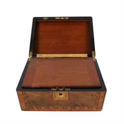 19th century burr-walnut writing slope, with inlaid mother-of-pearl decoration, fitted interior and two inkwells, together with a  parquetry writing slope, H16cm