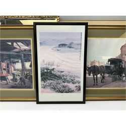 After Gaton Woodville: 'In the Nick of Time', colour print; after Victor Venner: 'The Mowbray Hunt Checked', colour print together with pair colour prints after Fred Elwell, a Chinese print and a mirror max 45cm x 68cm (6)
