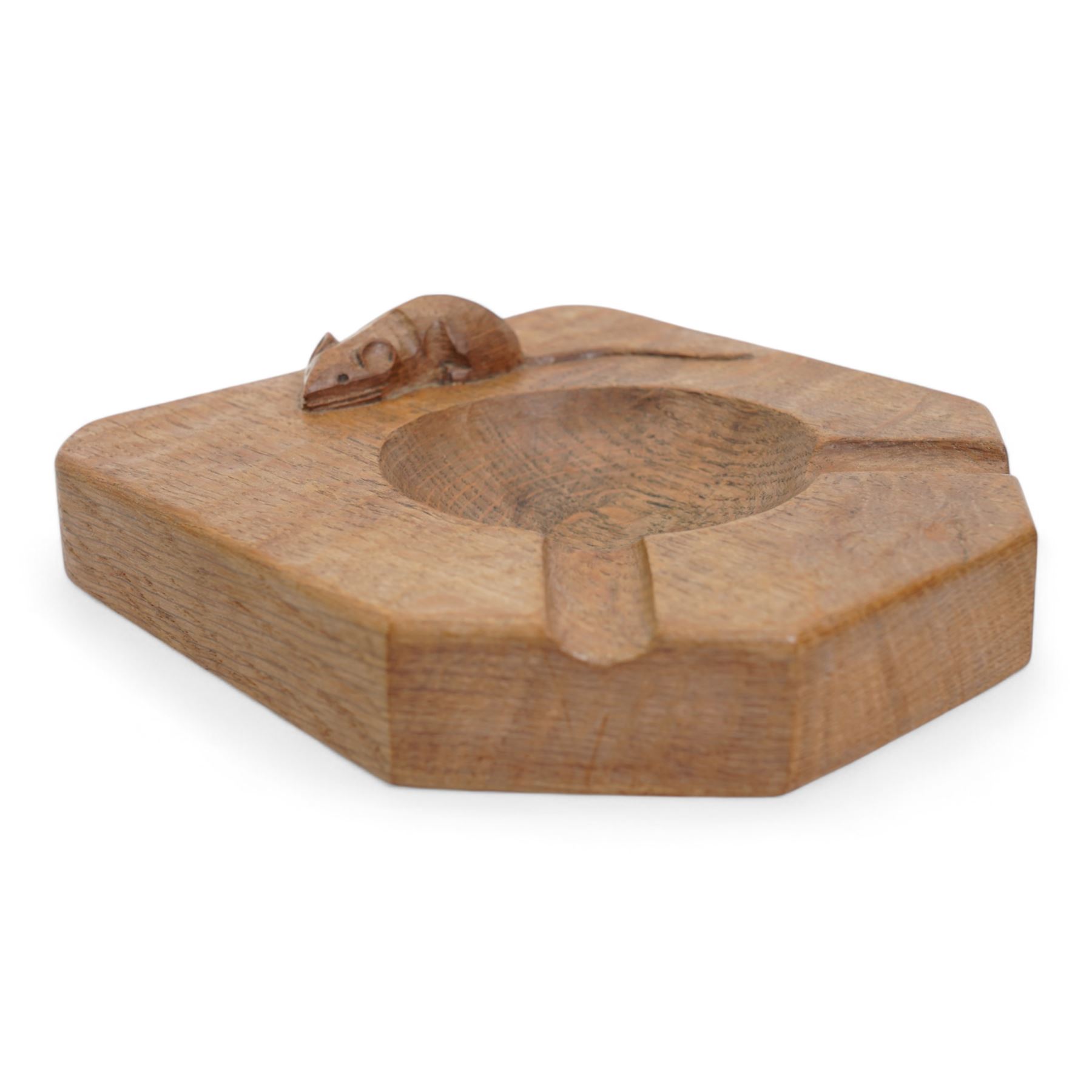 Mouseman - unusually large oak ashtray, rectangular form with canted and rounded corners, carved with mouse signature, possibly for a cigar, by the workshop of Robert Thompson, Kilburn, 15.5cm x 14cm