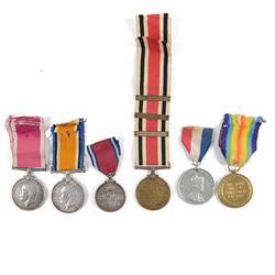 Collection of WWI medals, including, Victory medal and two War medals, all awarded to different persons, together with Special Constabulary medal with The great war 1914-18, Long Service 1929 and Long Service 1940 claps and one other medal