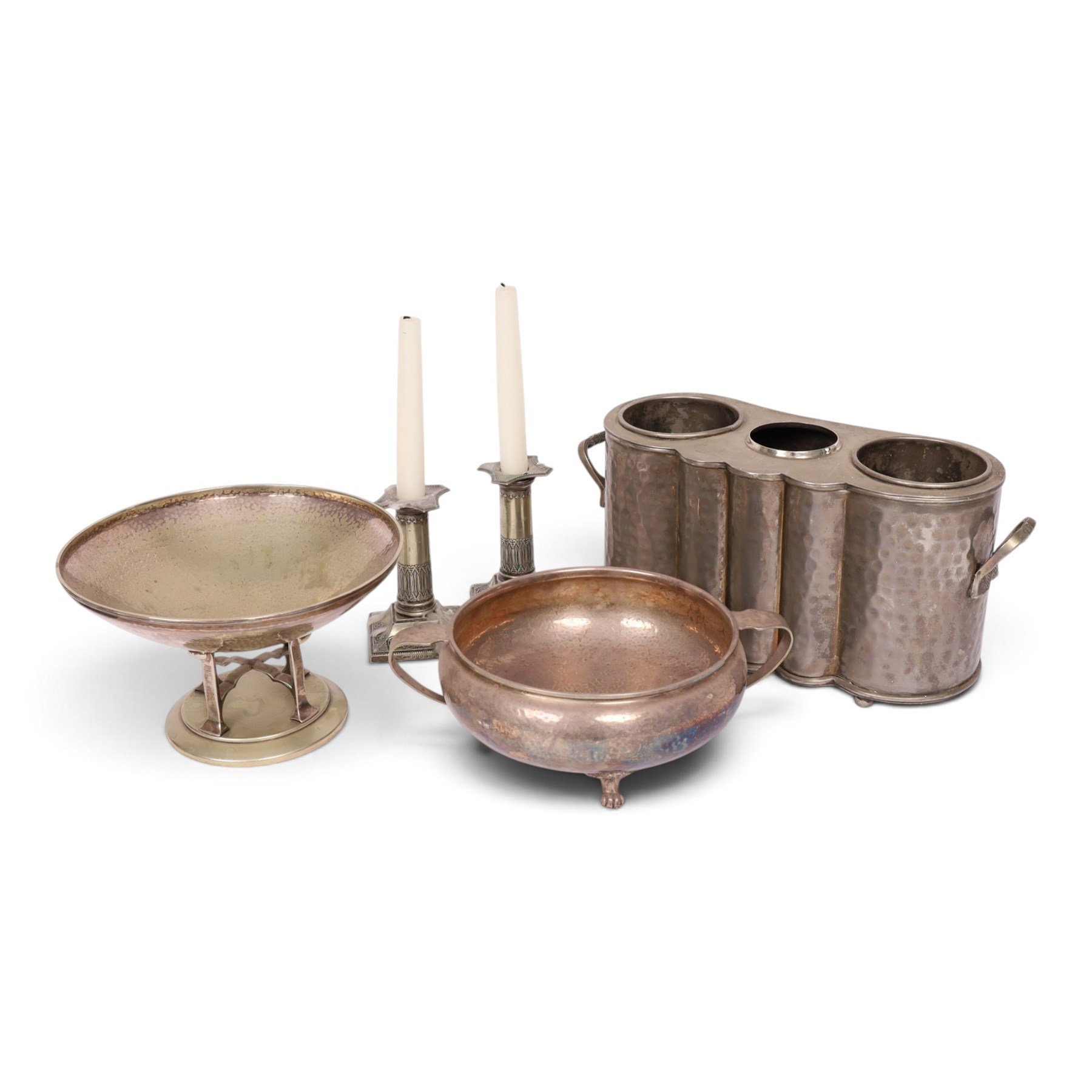 Arts & Crafts silver plated pedestal bowl with hammered decoration by JBC & S Co, together with pair of candlesticks, twin handled dish and other silver plate 