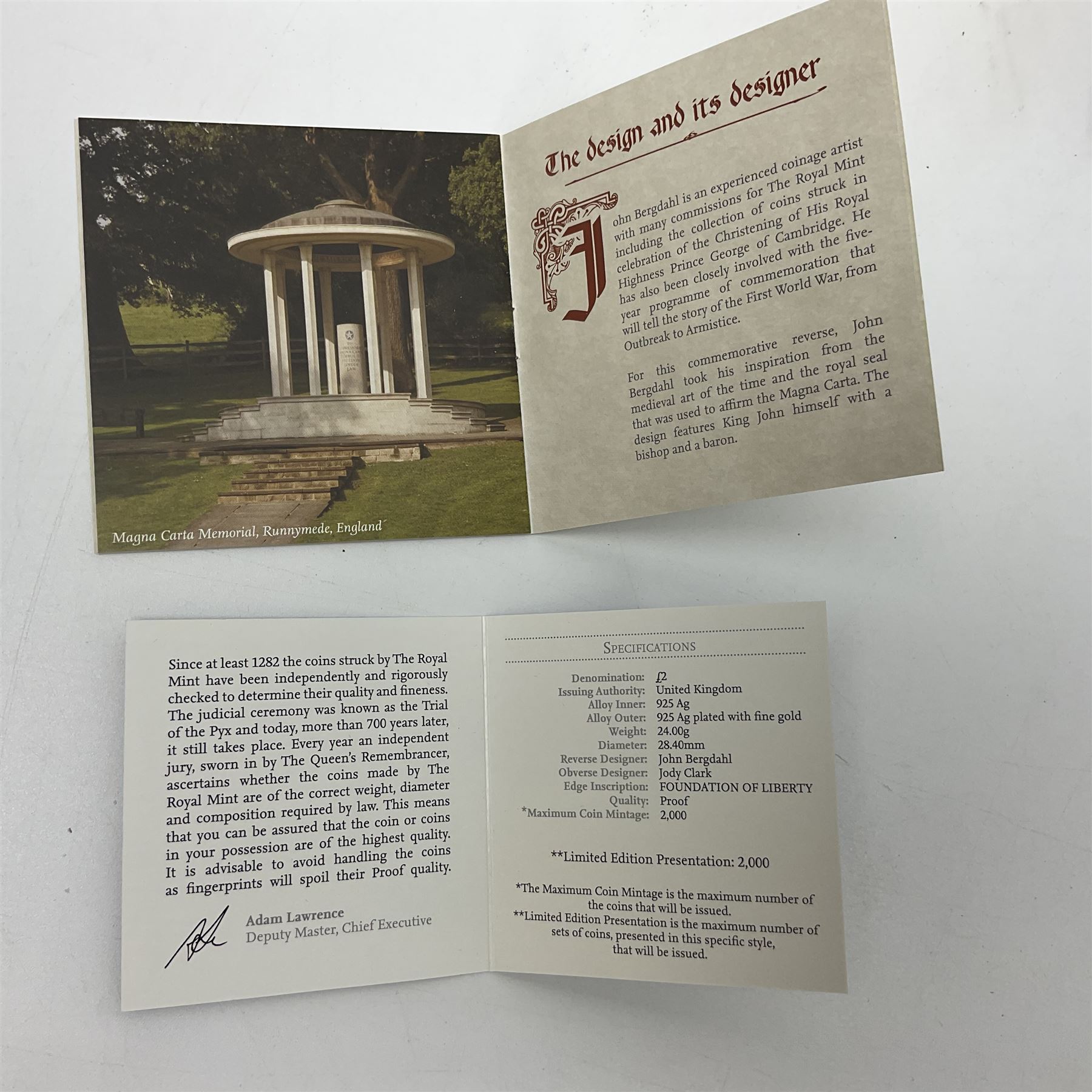 The Royal Mint United Kingdom 2015 ''The 800th Anniversary of Magna Carta' silver proof piedfort two pound coin, cased with certificate