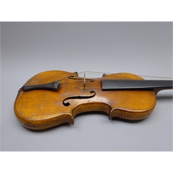  Early 20th century Russian violin c1900 with 35.5cm two-piece maple back and ribs and spruce top with rounded edges L59cm overall, in carrying case with bow  