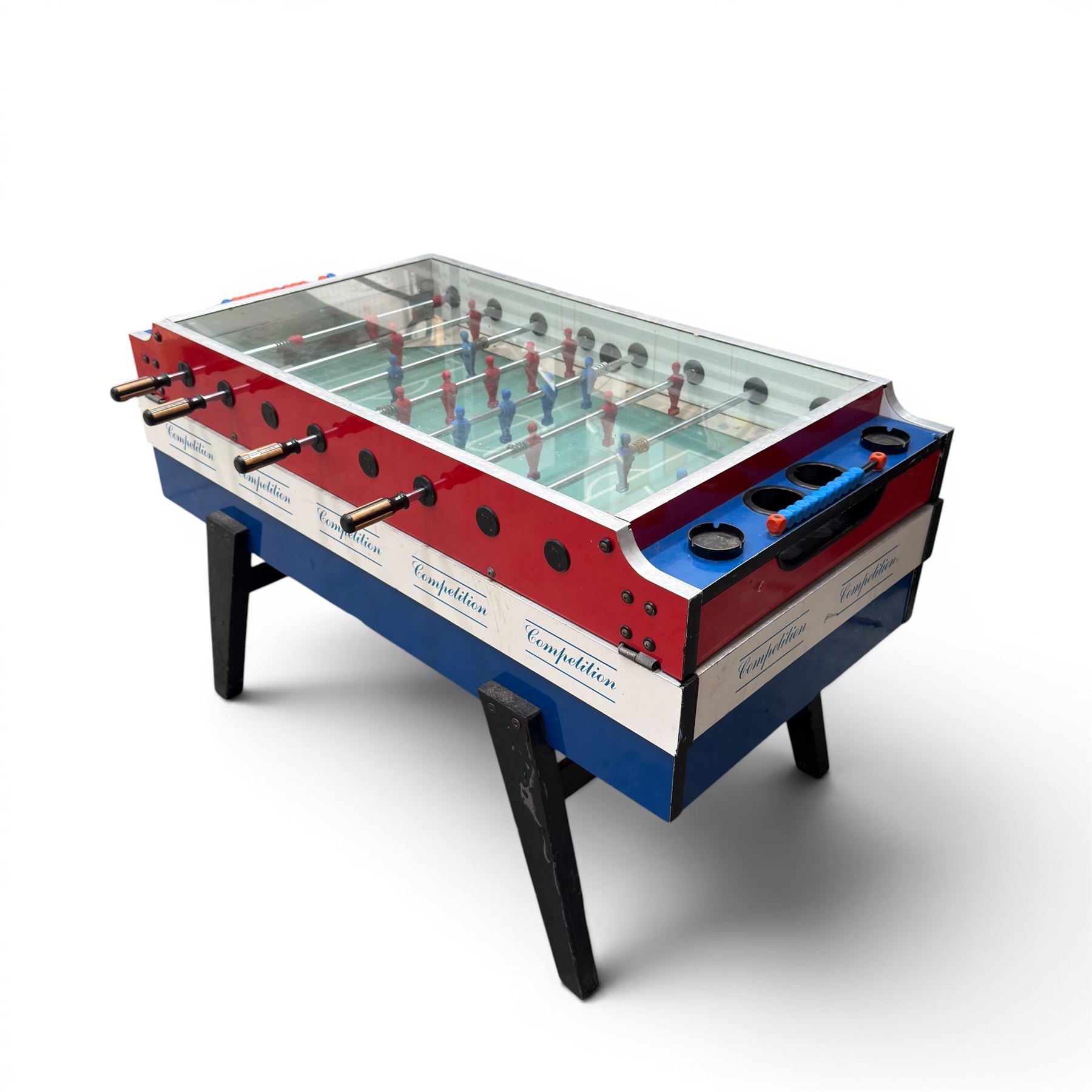 Garlando - vintage coin operated table football, tempered glass top, in red blue and white painted finish with 'Competition'  stencils, complete with ashtrays and score-trackers