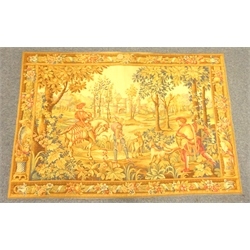  French Ponte De L'Halluin machine woven tapestry wall hanging featuring a Hunting Scene with Border of Flowers and Fruits, bearing label to reverse, L191cm x H131cm  