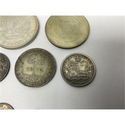 King George V British West Africa 1916 two shillings coin, King George VI Australia 1943 shilling, United States of America 1887 Morgan dollar, Bahrain 1968 500 fils silver coin, Maria Theresa restrike thaler and other coinage 