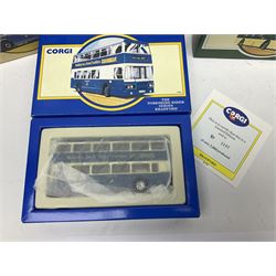 Corgi - twenty eight modern die-cast model coaches, buses and wagons to include Corgi Classics 35305, 96991, 97002, two 97108, 97208, 97267, 97335, 97871 and 98162; limited edition sets D949/26, 97107 and 97185; The Yorkshire Rider Series 91700, 91853, 91858 and 91862; all but one in original boxes or perspex display cases, most with certificates (27)