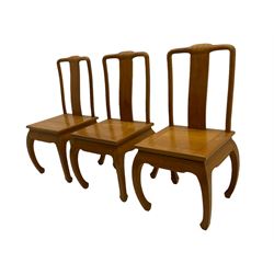 Oriental hardwood rectangular dining table, and six high back dining chairs with solid seats