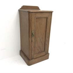 Victorian mahogany bedside cabinet, raised shaped back, single door, platform base, W40cm, H81cm, D34cm