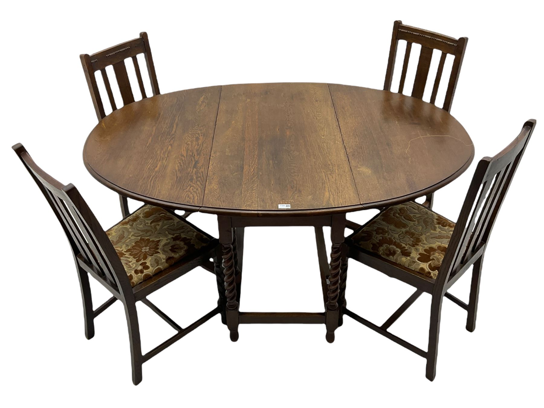 Early 20th century oak barley twist drop leaf dining table (105cm x 154cm, H74cm), and four chairs 