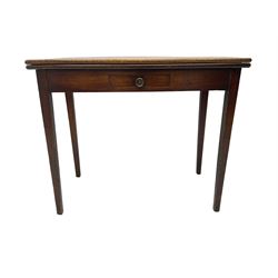 19th century mahogany fold over tea table, fitted with single drawer, square taping supports