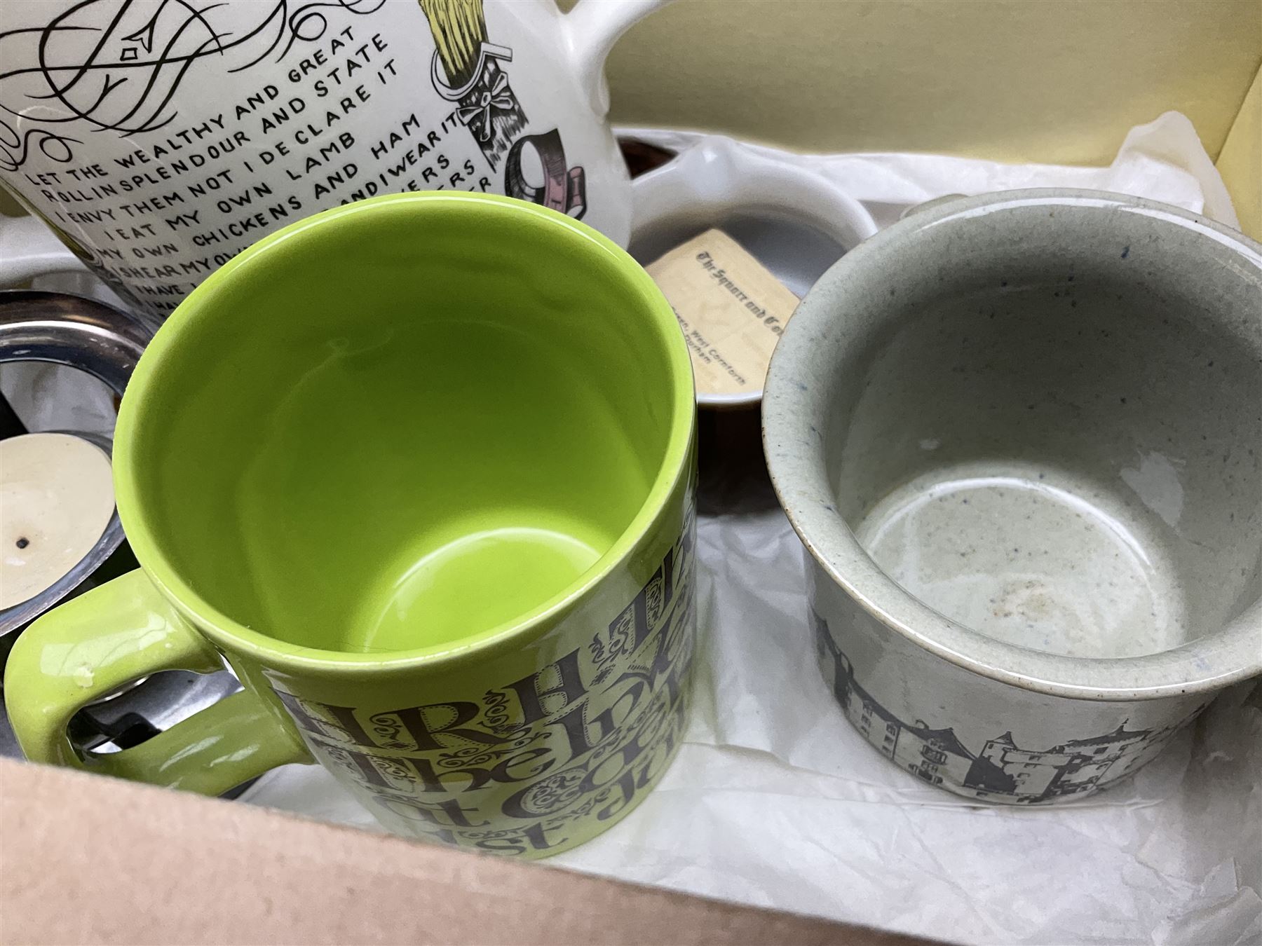 Large collection of ceramics to include God Speed the Plough loving cup, Denby, Coalport, Portmeirion, quantity of mugs etc in four boxes