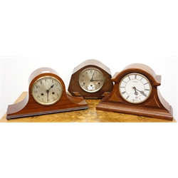  Oak cased mantel clock with silvered Arabic dial, three train movement chiming the quarter hours on rods, a mahogany cased mantel clock, twin train movement striking the half hours and a Seiko mantel clock,  H26cm max, (3)   