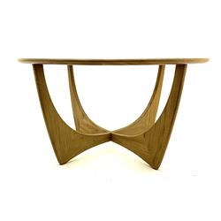 G-Plan teak circular glass top coffee table, shaped supports 