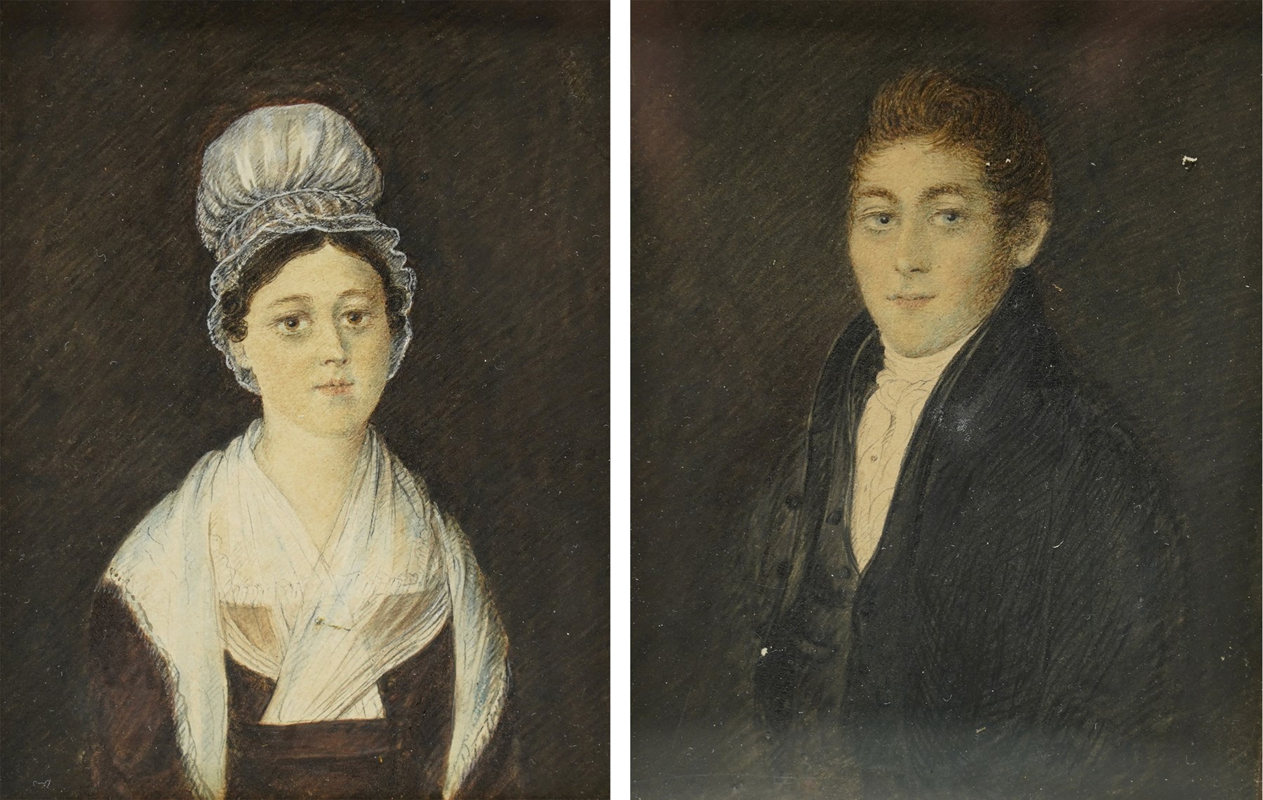 English School (19th century): Portraits of Samuel Whiting of Reading and His Wife Susannah, pair of watercolours unsigned, inscribed with family history verso, in matching gilt frames 10.5cm x 8cm (2)
