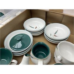 Denby Green Wheat pattern part tea and dinner wares, including serving platters, teacups, teapot, side plates, etc, all with stamped mark beneath