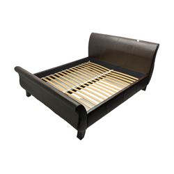 Super king 6' sleigh bed, upholstered in chocolate brown leather, with ebonised splayed feet