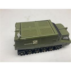 Corgi - die-cast model of James Bond Aston Martin DB5 No.271 with silver body and red interior, gold bumpers and four-spoke wheels, James Bond and two bandit figures; original window box with header card; and Dinky Shado 2 Mobile with one missile No.353; in window box (2)