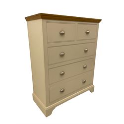 White finish and oak chest, fitted with two short and three long drawers