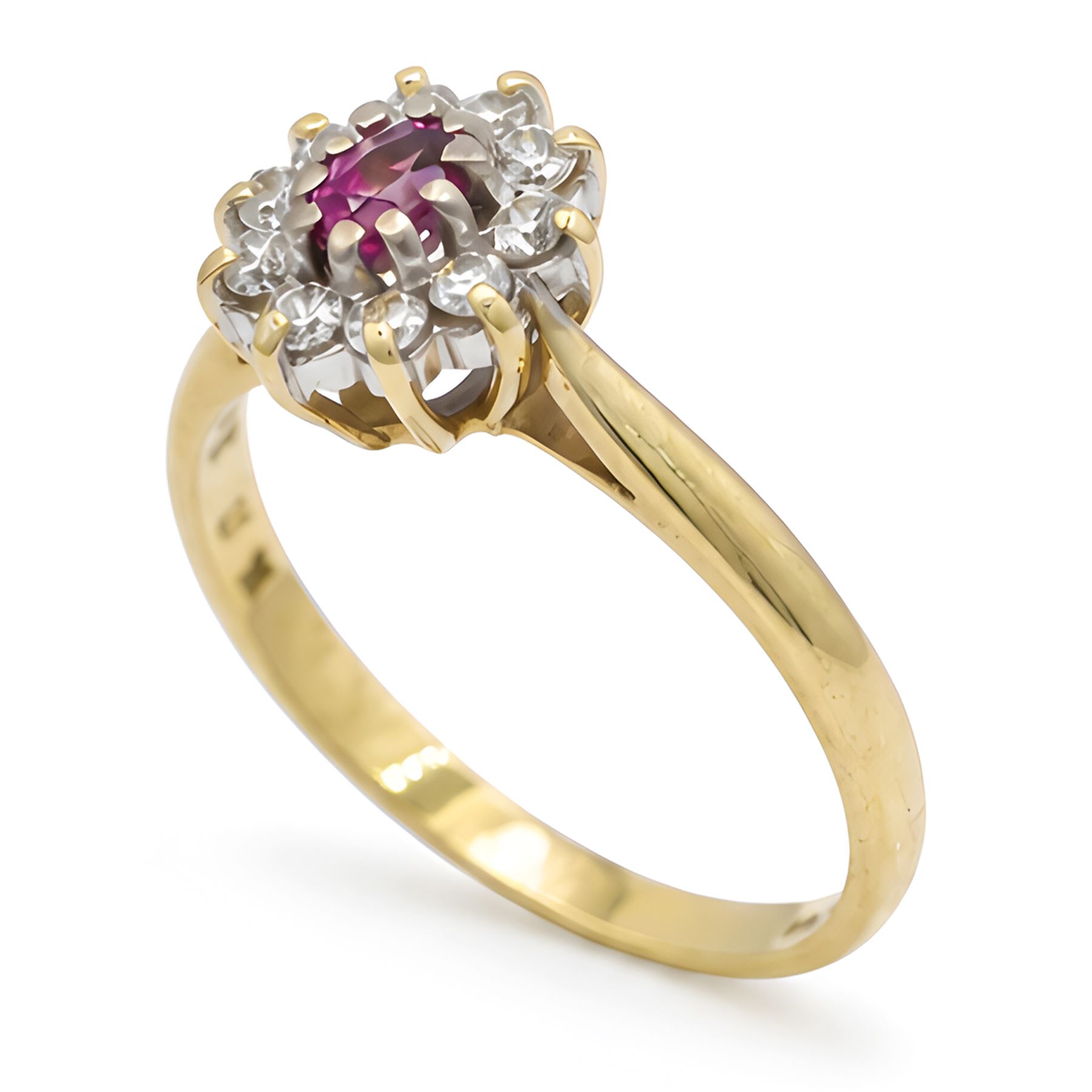 18ct gold pink sapphire and diamond cluster ring, single oval cut sapphire of 0.23 carat, surrounded by ten round brilliant cut diamonds, Birmingham 1985, total diamond weight 0.26 carat