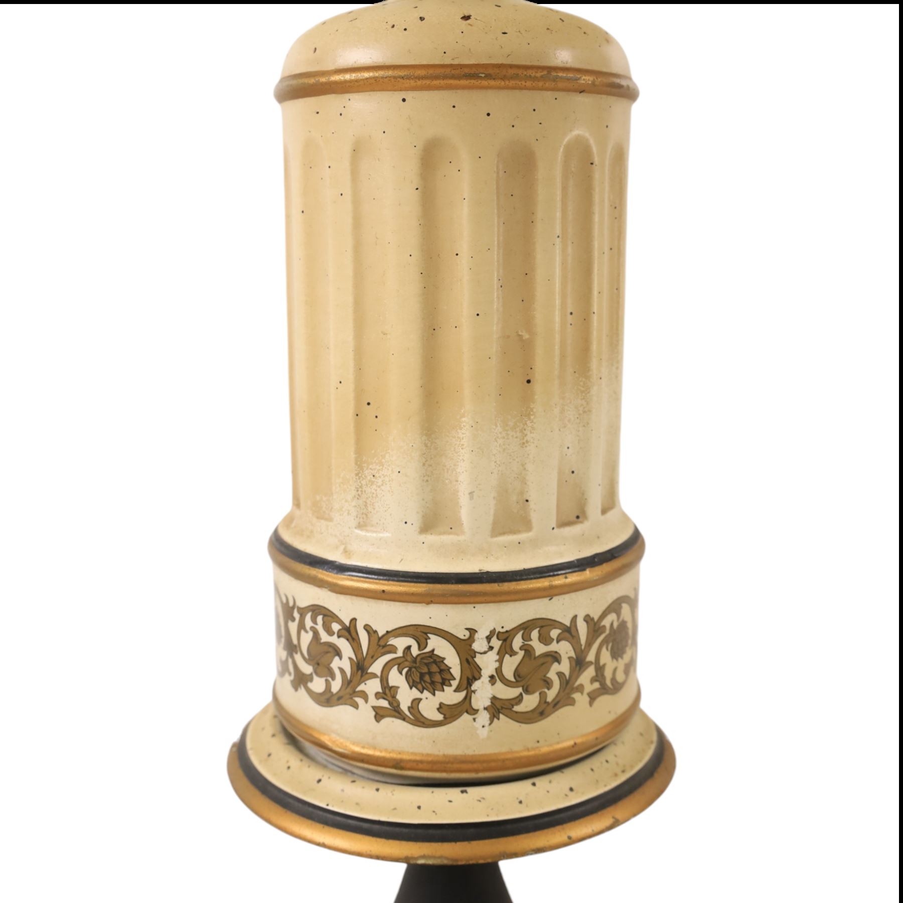 Pair of table lamps, the central column with gilt and and black bands and a foliate boarder, with cream shades, H58cm without shades 