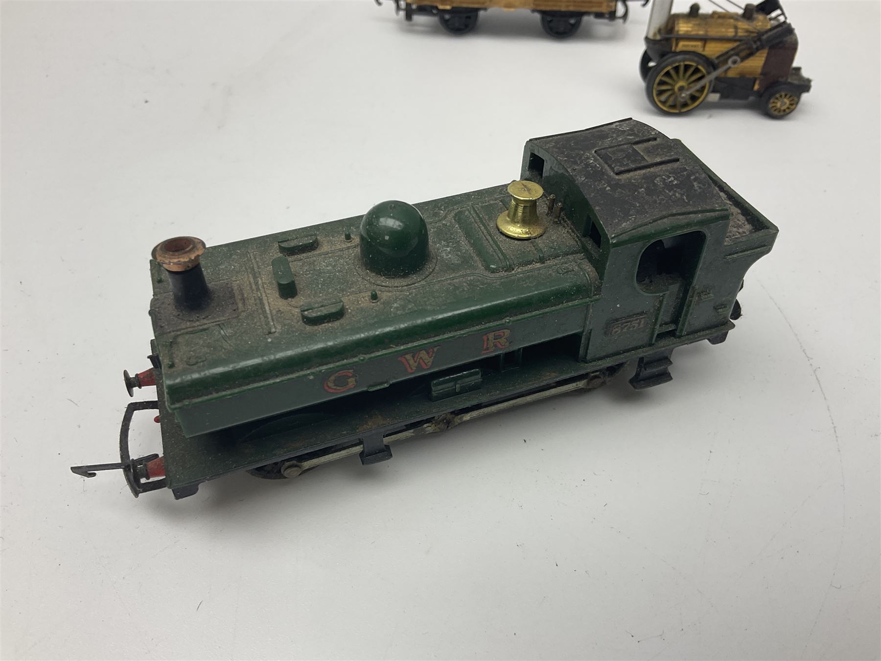 Hornby/Tri-ang '00' gauge - six locomotives - Class 9F 2-10-0 'Evening Star' No.92220; Class A3 4-6-2 (no name or number); Dean Single 4-2-2 'Lord of the Isles' No.3046; Princess Class 4-6-2 'The Princess Royal' No.46200; Class 57XX Pannier 0-6-0 tank No.8751; and Stephenson's Rocket with one passenger coach; all unboxed (6)