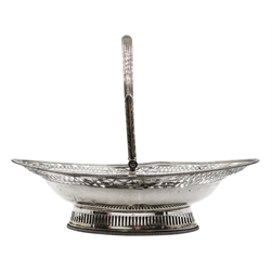 George III silver swing handled pedestal fruit basket,  pierced and engraved decoration by William Allen III, London 1802, approx 28.5oz, length 37cm