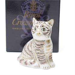 Six Royal Crown Derby paperweights, comprising 'Misty' collectors cat with gold stopper, Sleeping Cat with silver stopper, Fireside Kitten with gold stopper, Thomas Silver Tabby Kitten with gold stopper, Tabitha Silver Tabby Kitten with gold stopper, Cottage Cat with gold stopper, four with boxes (6)