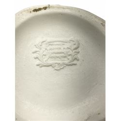 Victorian Parian ware twin handled vase detailed with Bacus masks fruiting vines and floral sprays H36cm, together with a Parian jug H14.5cm, classical Parian sculpture H40cm, decorative plaque decorated in high relief depicting two children D18.5cm. 