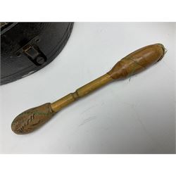 Dulcet eight-string banjo mandolin with mother-of-pearl inlaid ebonised fingerboard L55.5cm; cased; and Irish mahogany bodhran hand drum with inlaid stringing and vellum top D46.5cm; in soft carrying case with double ended beater (2)