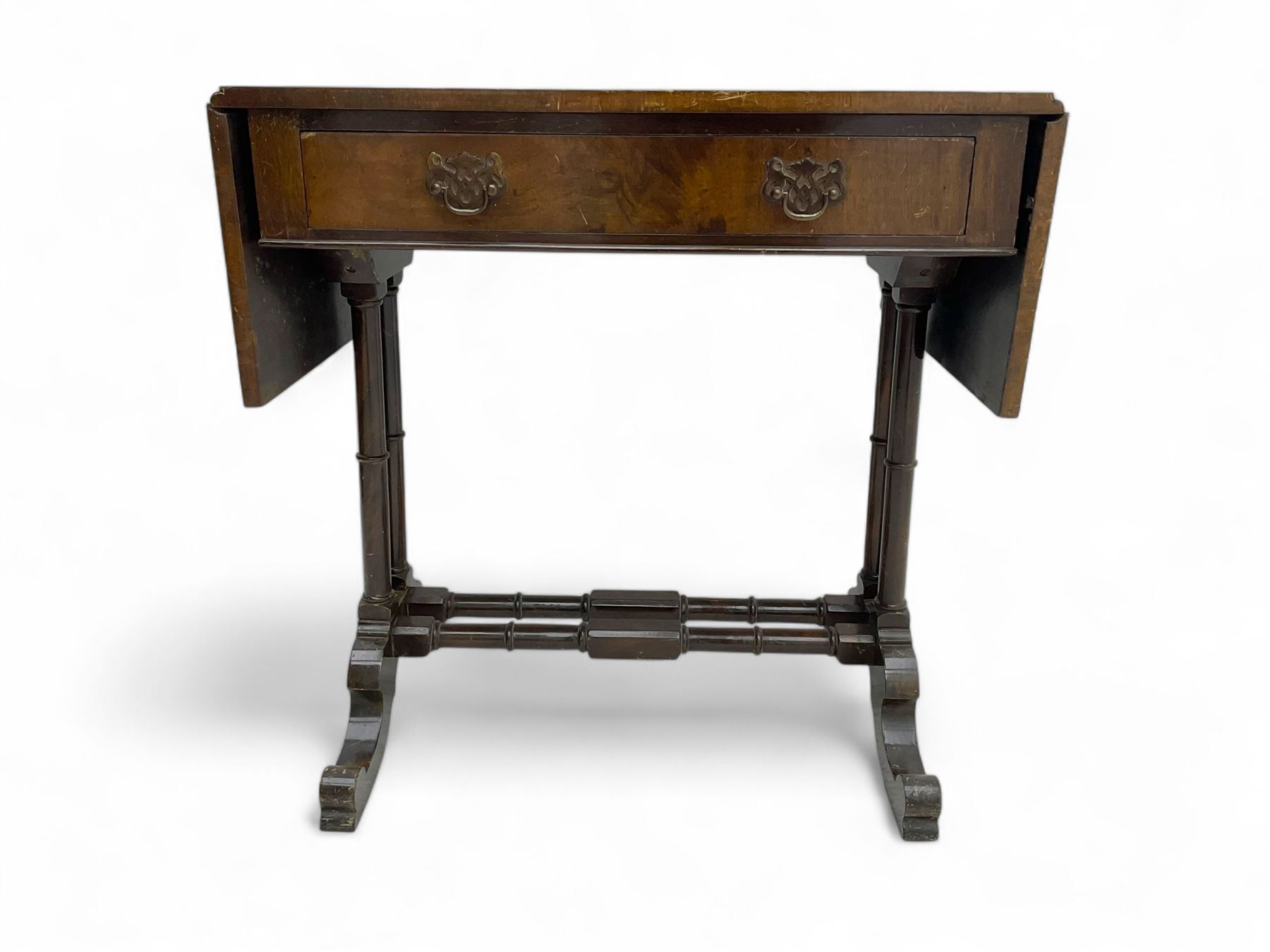 Small Victorian drop-leaf occasional table, rectangular top with drop sides and single frieze drawer, on turned supports and scrolled feet joined by twin stretchers