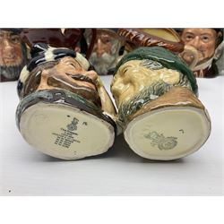 Large collection of Royal Doulton character jugs, to include Robinson Crusoe D6532, Tam O Shanter D6632, The Falconer D6533 etc, together with similar charater jugs and toby jugs   