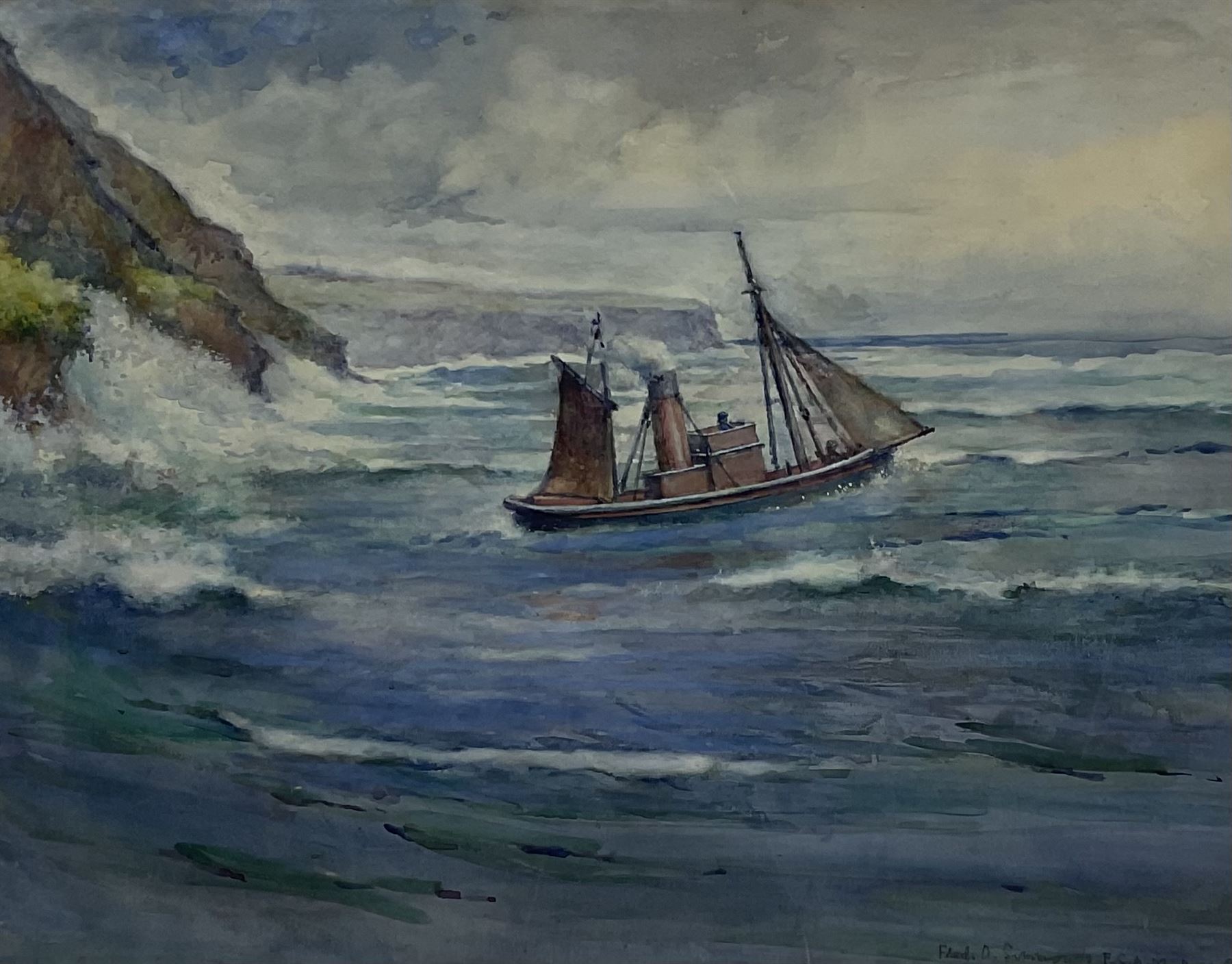 Fred A Simmonds (British 20th century): 'A Rough Sea Whitby', watercolour signed, titled verso 37cm x 48cm