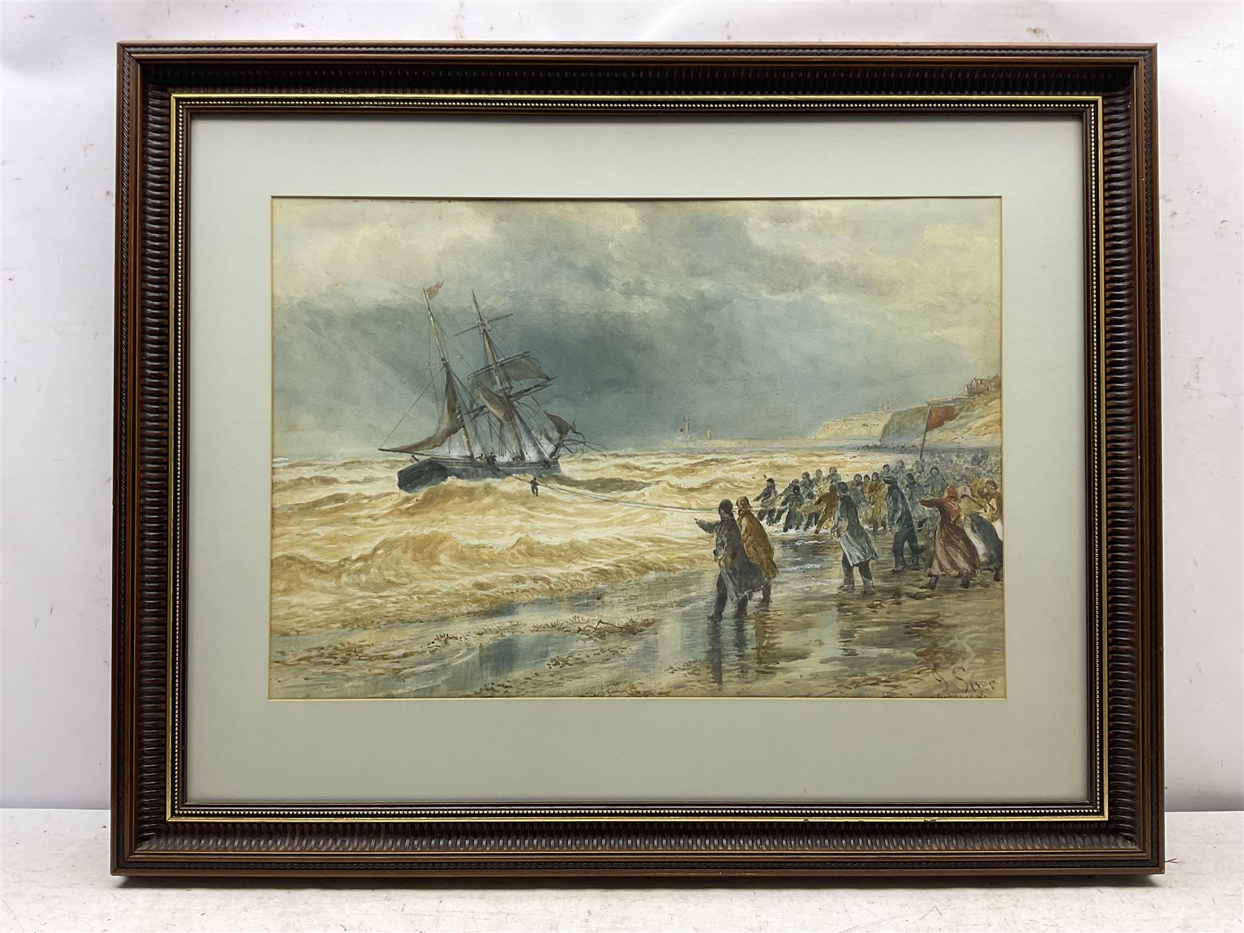 John C Syer (British 1844-1912): Rescuing a Ship at Upgang near Whitby, watercolour signed, indistinctly titled beneath the mount 46cm x 67cm