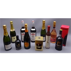  Mixed Alcohol - Two Cava, two Pimm's, 1ltr, Two Prosecco, Pinot Rose Spumante, Sandeman Ruby Porto in carton, Black Forest & Chambord Liqueur,  Occhio di Permico Vin Santo, various proofs and contents, 11btls   